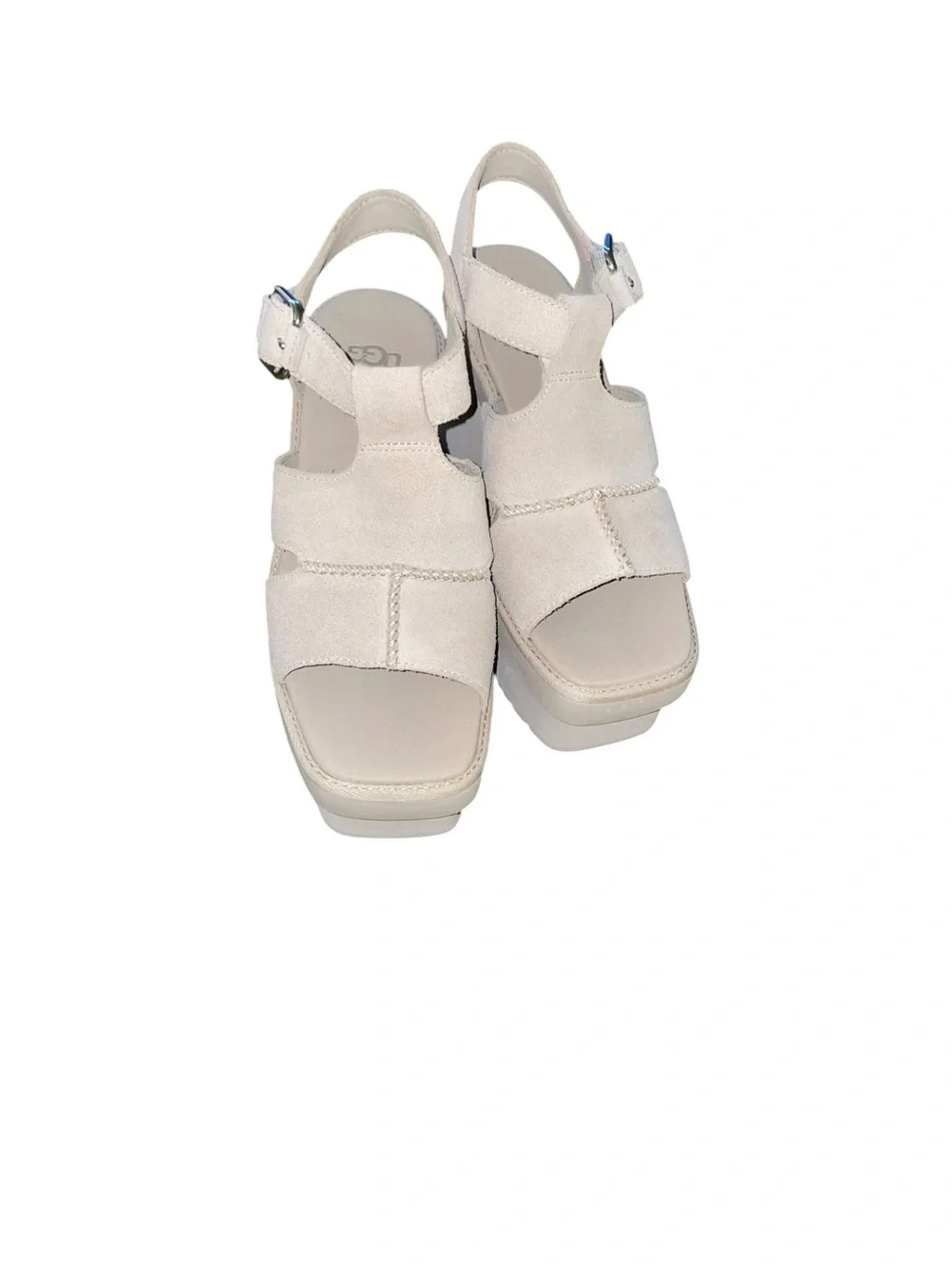UGG New Heights Platform T-Strap Sandals Suede Mustard Seed Beige 7.5 NWT